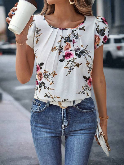 Print Pleated Sleeve Blouse