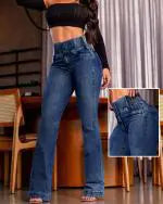 CurveEase High Waist Shirred Button Flare Jeans