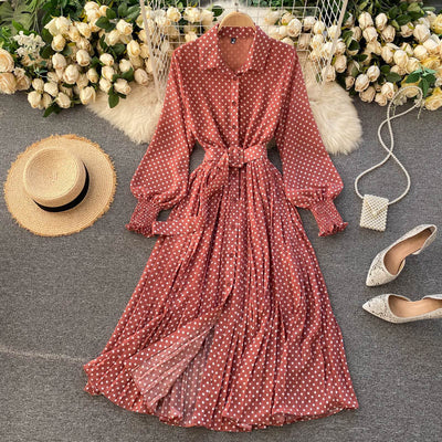 Polka Dot Chiffon Pleated Dress