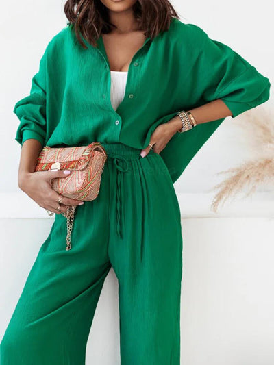 FlowEase Chic Ensemble: Long Sleeve Shirt and Wide Leg Pants Set