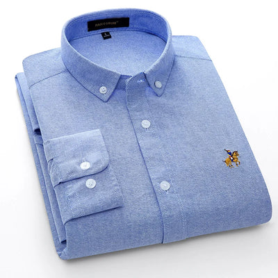 Men's Cotton Oxford Spun Long Sleeve Solid Color Embroidered Shirt