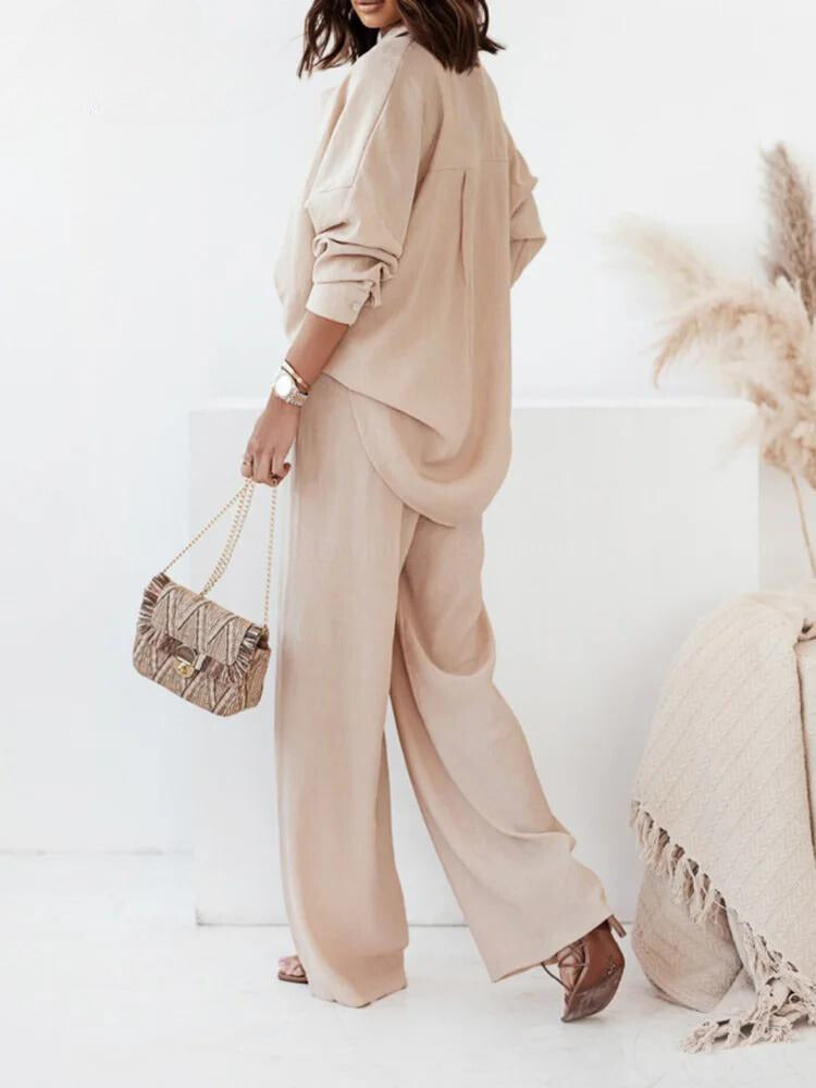 FlowEase Chic Ensemble: Long Sleeve Shirt and Wide Leg Pants Set