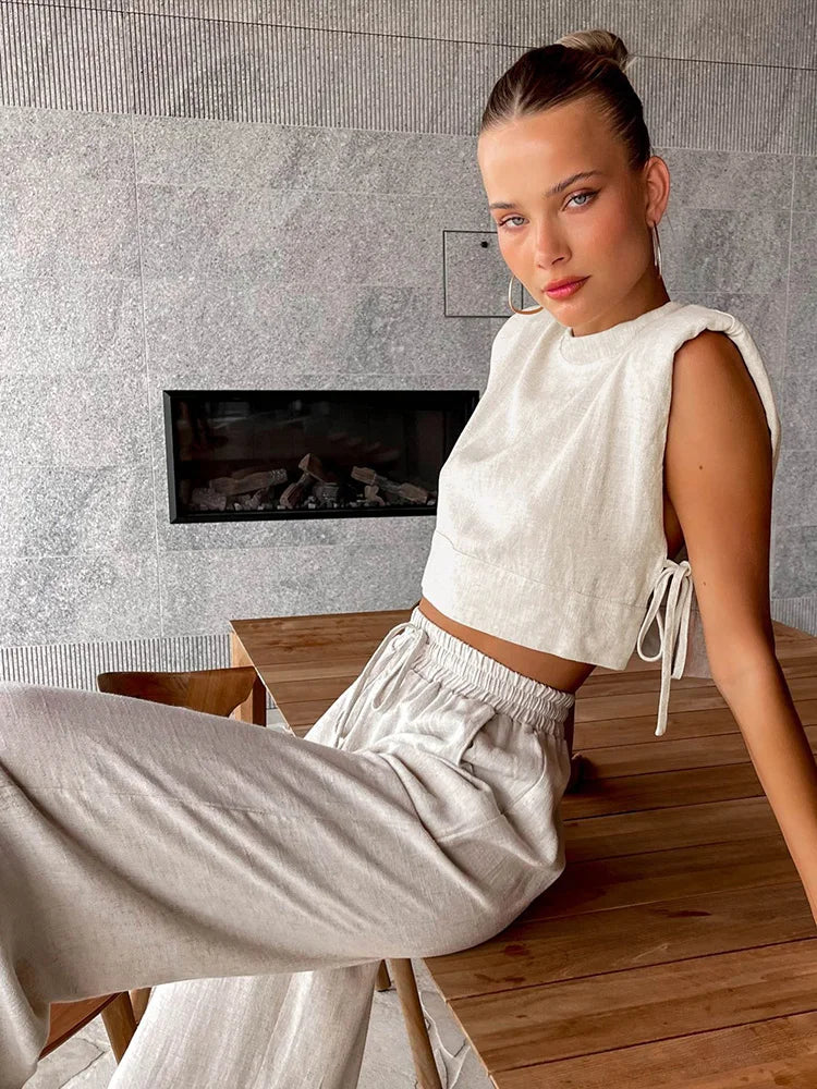 Linen Holiday Set: Crop Top & Pant Duo