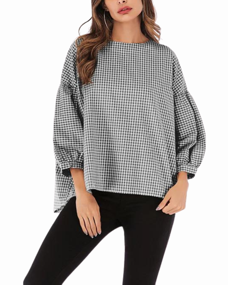 Elisa - Wide Neck Casual Plaid Blouse