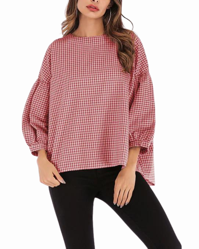 Elisa - Wide Neck Casual Plaid Blouse