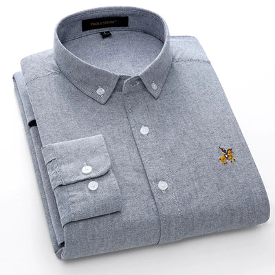 Men's Cotton Oxford Spun Long Sleeve Solid Color Embroidered Shirt