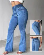 CurveEase High Waist Shirred Button Flare Jeans