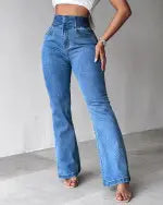 CurveEase High Waist Shirred Button Flare Jeans