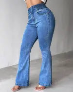 CurveEase High Waist Shirred Button Flare Jeans