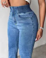 CurveEase High Waist Shirred Button Flare Jeans