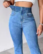 CurveEase High Waist Shirred Button Flare Jeans