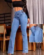 CurveEase High Waist Shirred Button Flare Jeans