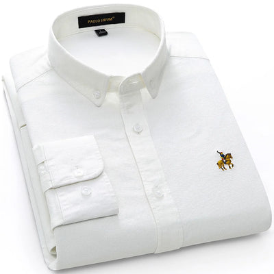 Men's Cotton Oxford Spun Long Sleeve Solid Color Embroidered Shirt